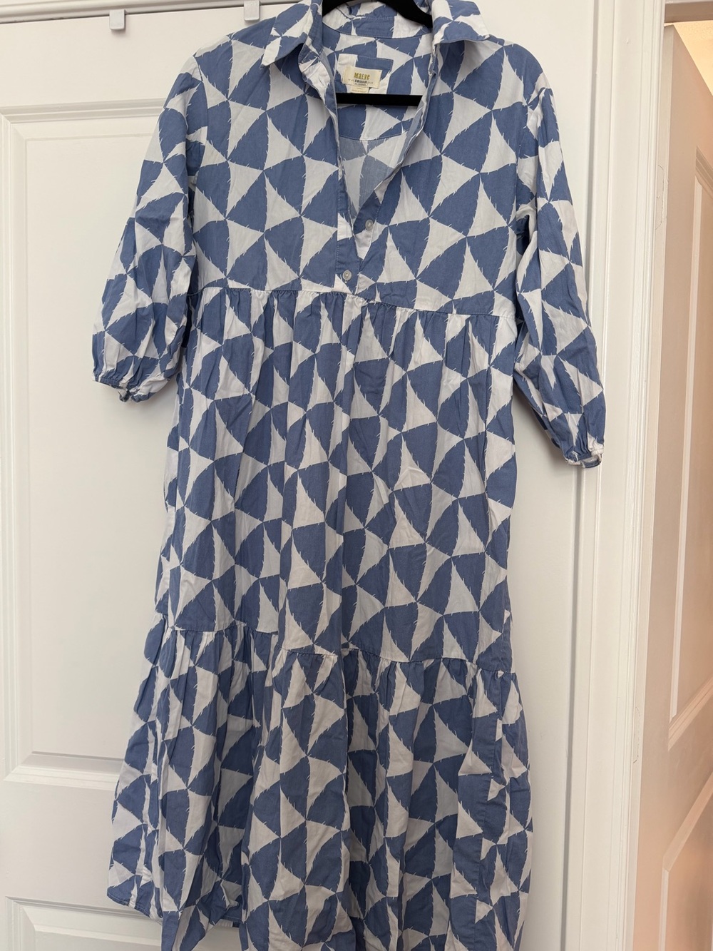 Maeve Blue and White Geometric Tiered Dress